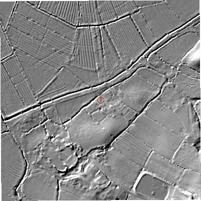 Shaded relief map of the ground around GL139DT, computed from Environment Agency LiDAR. The ground here sits at about 8 m above sea level and falls 16 m across the surrounding 800 m. Surface water reaching this point runs off ground lying to the south, 5.5 m higher.