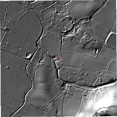 Shaded relief map of the ground around GL139DU, computed from Environment Agency LiDAR. The ground here sits at about 10 m above sea level and falls 49 m across the surrounding 800 m. Surface water reaching this point runs off ground lying to the east-south-east, 5.1 m higher.