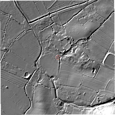 Shaded relief map of the ground around GL139DX, computed from Environment Agency LiDAR. The ground here sits at about 9 m above sea level and falls 28 m across the surrounding 800 m. Surface water reaching this point runs off ground lying to the south-east, 13.2 m higher.