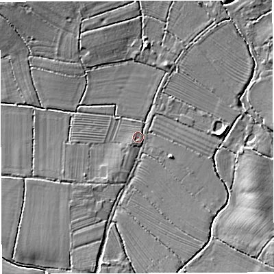 Shaded relief map of the ground around GL139DY, computed from Environment Agency LiDAR. The ground here sits at about 9 m above sea level and falls 10 m across the surrounding 800 m. Surface water reaching this point runs off ground lying to the south-south-west, 5.1 m higher.