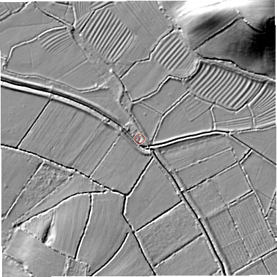 Shaded relief map of the ground around GL139DZ, computed from Environment Agency LiDAR. The ground here sits at about 7 m above sea level and falls 24 m across the surrounding 800 m. Surface water reaching this point runs off ground lying to the west, 2.2 m higher.