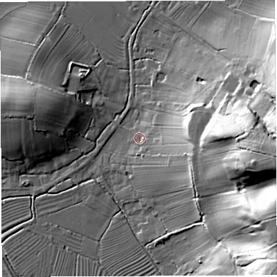 Shaded relief map of the ground around GL139EB, computed from Environment Agency LiDAR. The ground here sits at about 7 m above sea level and falls 44 m across the surrounding 800 m. Surface water reaching this point runs off ground lying to the east, 31.2 m higher.
