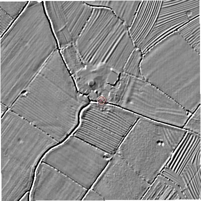 Shaded relief map of the ground around GL139ED, computed from Environment Agency LiDAR. The ground here sits at about 7 m above sea level and falls 3 m across the surrounding 800 m. Surface water reaching this point runs off ground lying to the west-north-west, 0.6 m higher.