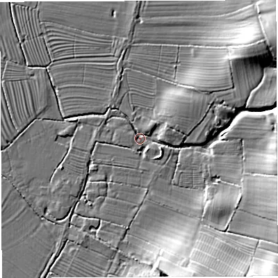 Shaded relief map of the ground around GL139EE, computed from Environment Agency LiDAR. The ground here sits at about 7 m above sea level and falls 19 m across the surrounding 800 m. Surface water reaching this point runs off ground lying to the north-east, 16.4 m higher.