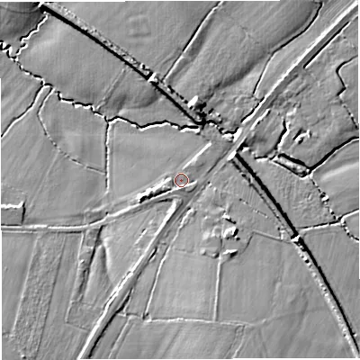 Shaded relief map of the ground around GL139ET, computed from Environment Agency LiDAR. The ground here sits at about 17 m above sea level and falls 14 m across the surrounding 800 m. Surface water reaching this point runs off ground lying to the south, 1.9 m higher.