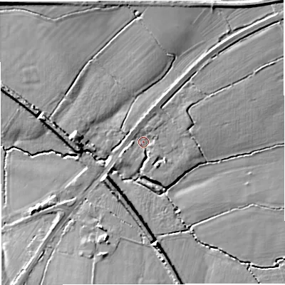Shaded relief map of the ground around GL139EU, computed from Environment Agency LiDAR. The ground here sits at about 19 m above sea level and falls 12 m across the surrounding 800 m. Surface water reaching this point runs off ground lying to the north-east, 5.5 m higher.