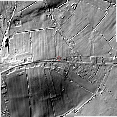 Shaded relief map of the ground around GL139EW, computed from Environment Agency LiDAR. The ground here sits at about 24 m above sea level and falls 19 m across the surrounding 800 m. Surface water reaching this point runs off ground lying to the west-south-west, 2.9 m higher.