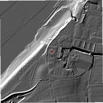 Shaded relief map of the ground around GL139FB, computed from Environment Agency LiDAR. The ground here sits at about 10 m above sea level and falls 14 m across the surrounding 800 m. The ground contributing surface water to this point lies to the south.