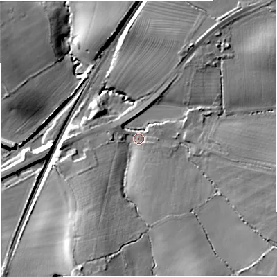 Shaded relief map of the ground around GL139HA, computed from Environment Agency LiDAR. The ground here sits at about 30 m above sea level and falls 20 m across the surrounding 800 m. Surface water reaching this point runs off ground lying to the south-south-west, 14.3 m higher.