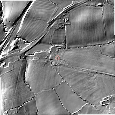 Shaded relief map of the ground around GL139HB, computed from Environment Agency LiDAR. The ground here sits at about 33 m above sea level and falls 24 m across the surrounding 800 m. Surface water reaching this point runs off ground lying to the east-south-east, 8.2 m higher.