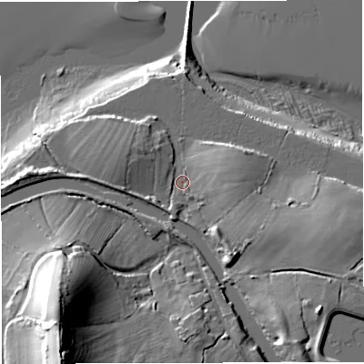 Shaded relief map of the ground around GL139HU, computed from Environment Agency LiDAR. The ground here sits at about 10 m above sea level and falls 36 m across the surrounding 800 m. Surface water reaching this point runs off ground lying to the east-south-east, 7.5 m higher.