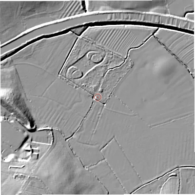 Shaded relief map of the ground around GL139HW, computed from Environment Agency LiDAR. The ground here sits at about 7 m above sea level and falls 21 m across the surrounding 800 m. Surface water reaching this point runs off ground lying to the south, 1.4 m higher.