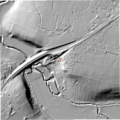 Shaded relief map of the ground around GL139JU, computed from Environment Agency LiDAR. The ground here sits at about 21 m above sea level and falls 22 m across the surrounding 800 m. Surface water reaching this point runs off ground lying to the east-north-east, 9.2 m higher.