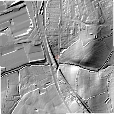 Shaded relief map of the ground around GL139NF, computed from Environment Agency LiDAR. The ground here sits at about 10 m above sea level and falls 21 m across the surrounding 800 m. Surface water reaching this point runs off ground lying to the east-north-east, 17.9 m higher.