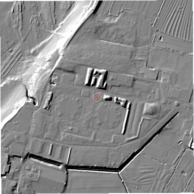 Shaded relief map of the ground around GL139PA, computed from Environment Agency LiDAR. The ground here sits at about 10 m above sea level and falls 17 m across the surrounding 800 m. Surface water reaching this point runs off ground lying to the north-north-west, 7.5 m higher.