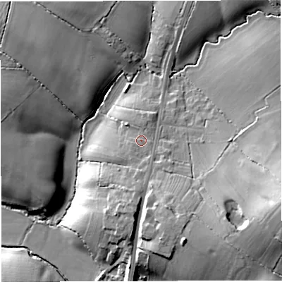 Shaded relief map of the ground around GL139PY, computed from Environment Agency LiDAR. The ground here sits at about 18 m above sea level and falls 20 m across the surrounding 800 m. Surface water reaching this point runs off ground lying to the south, 2.8 m higher.