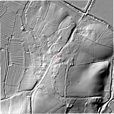 Shaded relief map of the ground around GL139QH, computed from Environment Agency LiDAR. The ground here sits at about 16 m above sea level and falls 13 m across the surrounding 800 m. Surface water reaching this point runs off ground lying to the north-east, 2.6 m higher.