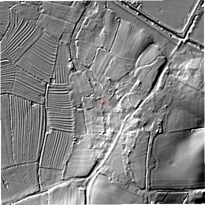 Shaded relief map of the ground around GL139QP, computed from Environment Agency LiDAR. The ground here sits at about 10 m above sea level and falls 14 m across the surrounding 800 m. Surface water reaching this point runs off ground lying to the east, 6.7 m higher.