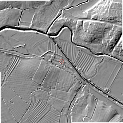 Shaded relief map of the ground around GL139QR, computed from Environment Agency LiDAR. The ground here sits at about 9 m above sea level and falls 13 m across the surrounding 800 m. Surface water reaching this point runs off ground lying to the south-west, 2.9 m higher.