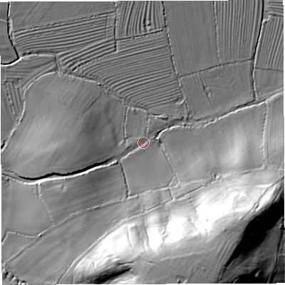 Shaded relief map of the ground around GL139QS, computed from Environment Agency LiDAR. The ground here sits at about 9 m above sea level and falls 44 m across the surrounding 800 m. Surface water reaching this point runs off ground lying to the south-south-east, 39.2 m higher.