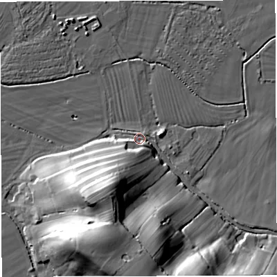 Shaded relief map of the ground around GL139QU, computed from Environment Agency LiDAR. The ground here sits at about 9 m above sea level and falls 34 m across the surrounding 800 m. Surface water reaching this point runs off ground lying to the south-south-west, 32.4 m higher.