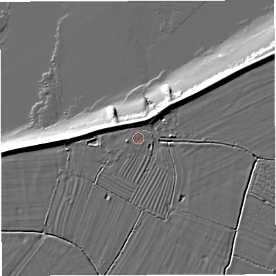Shaded relief map of the ground around GL139QY, computed from Environment Agency LiDAR. The ground here sits at about 7 m above sea level and falls 13 m across the surrounding 800 m. Surface water reaching this point runs off ground lying to the west-south-west, 0.9 m higher.