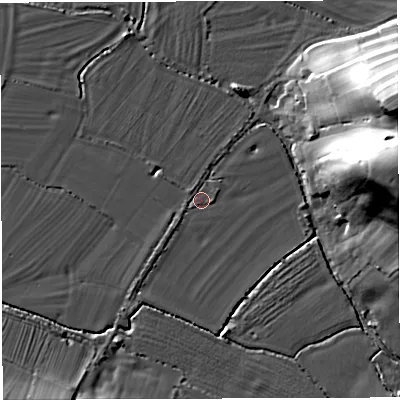 Shaded relief map of the ground around GL139QZ, computed from Environment Agency LiDAR. The ground here sits at about 7 m above sea level and falls 34 m across the surrounding 800 m. Surface water reaching this point runs off ground lying to the east, 2.0 m higher.
