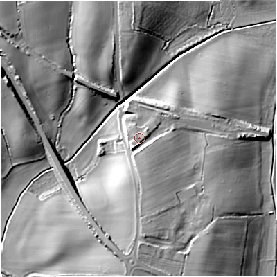 Shaded relief map of the ground around GL139RL, computed from Environment Agency LiDAR. The ground here sits at about 18 m above sea level and falls 18 m across the surrounding 800 m. Surface water reaching this point runs off ground lying to the west, 1.3 m higher.