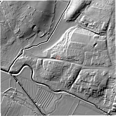 Shaded relief map of the ground around GL139TA, computed from Environment Agency LiDAR. The ground here sits at about 13 m above sea level and falls 17 m across the surrounding 800 m. Surface water reaching this point runs off ground lying to the east, 7.5 m higher.