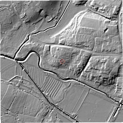 Shaded relief map of the ground around GL139TB, computed from Environment Agency LiDAR. The ground here sits at about 12 m above sea level and falls 16 m across the surrounding 800 m. Surface water reaching this point runs off ground lying to the north-east, 3.1 m higher.
