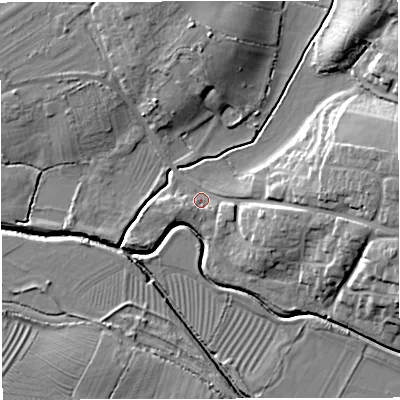 Shaded relief map of the ground around GL139TE, computed from Environment Agency LiDAR. The ground here sits at about 9 m above sea level and falls 13 m across the surrounding 800 m. Surface water reaching this point runs off ground lying to the east, 9.9 m higher.