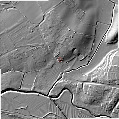 Shaded relief map of the ground around GL139TF, computed from Environment Agency LiDAR. The ground here sits at about 10 m above sea level and falls 13 m across the surrounding 800 m. Surface water reaching this point runs off ground lying to the north, 3.6 m higher.