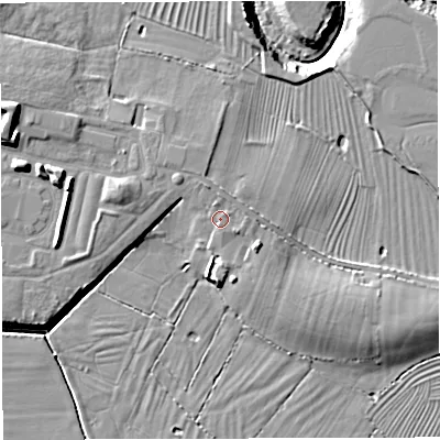 Shaded relief map of the ground around GL139TN, computed from Environment Agency LiDAR. The ground here sits at about 10 m above sea level and falls 12 m across the surrounding 800 m. Surface water reaching this point runs off ground lying to the north-north-west, 0.8 m higher.