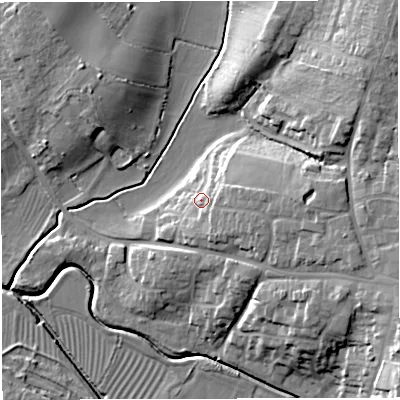 Shaded relief map of the ground around GL139TP, computed from Environment Agency LiDAR. The ground here sits at about 14 m above sea level and falls 18 m across the surrounding 800 m. Surface water reaching this point runs off ground lying to the east, 5.8 m higher.