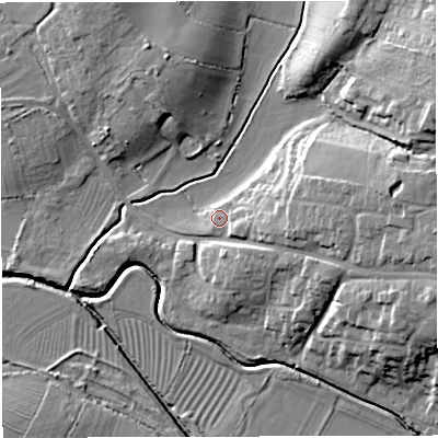 Shaded relief map of the ground around GL139TR, computed from Environment Agency LiDAR. The ground here sits at about 10 m above sea level and falls 15 m across the surrounding 800 m. Surface water reaching this point runs off ground lying to the south-east, 4.5 m higher.