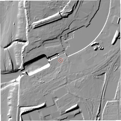 Shaded relief map of the ground around GL139UD, computed from Environment Agency LiDAR. The ground here sits at about 11 m above sea level and falls 22 m across the surrounding 800 m. Surface water reaching this point runs off ground lying to the south-south-east, 1.5 m higher.