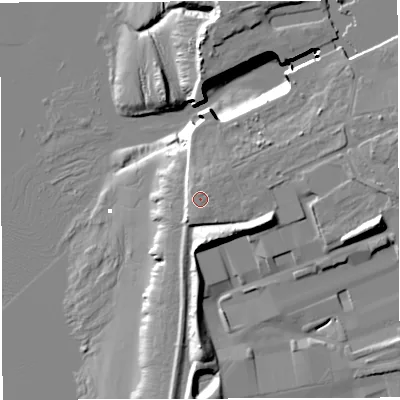 Shaded relief map of the ground around GL139UF, computed from Environment Agency LiDAR. The ground here sits at about 12 m above sea level and falls 22 m across the surrounding 800 m. Surface water reaching this point runs off ground lying to the south-east, 0.7 m higher.
