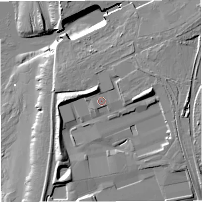 Shaded relief map of the ground around GL139UQ, computed from Environment Agency LiDAR. The ground here sits at about 12 m above sea level and falls 21 m across the surrounding 800 m. Surface water reaching this point runs off ground lying to the east, 7.8 m higher.