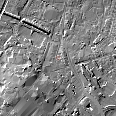 Shaded relief map of the ground around GL13AA, computed from Environment Agency LiDAR. The ground here sits at about 14 m above sea level and falls 13 m across the surrounding 800 m. Surface water reaching this point runs off ground lying to the south-south-west, 6.9 m higher.