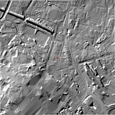 Shaded relief map of the ground around GL13AJ, computed from Environment Agency LiDAR. The ground here sits at about 14 m above sea level and falls 13 m across the surrounding 800 m. Surface water reaching this point runs off ground lying to the south-south-west, 6.8 m higher.