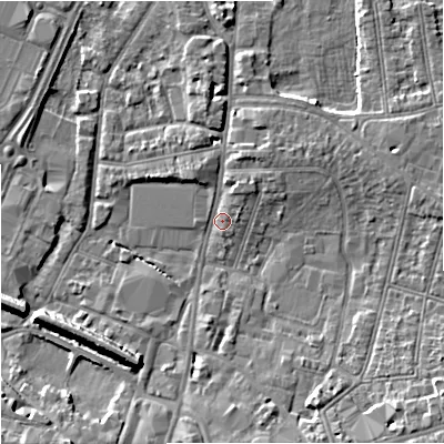 Shaded relief map of the ground around GL13AU, computed from Environment Agency LiDAR. The ground here sits at about 12 m above sea level and falls 8 m across the surrounding 800 m. Surface water reaching this point runs off ground lying to the north-north-east, 2.9 m higher.