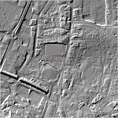 Shaded relief map of the ground around GL13AX, computed from Environment Agency LiDAR. The ground here sits at about 11 m above sea level and falls 9 m across the surrounding 800 m. Surface water reaching this point runs off ground lying to the south-south-west, 7.4 m higher.