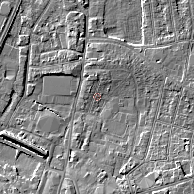 Shaded relief map of the ground around GL13BJ, computed from Environment Agency LiDAR. The ground here sits at about 12 m above sea level and falls 8 m across the surrounding 800 m. Surface water reaching this point runs off ground lying to the north, 1.9 m higher.