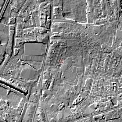 Shaded relief map of the ground around GL13BL, computed from Environment Agency LiDAR. The ground here sits at about 11 m above sea level and falls 8 m across the surrounding 800 m. Surface water reaching this point runs off ground lying to the north-north-east, 3.1 m higher.