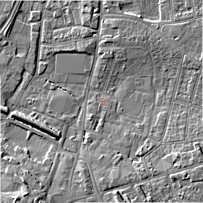 Shaded relief map of the ground around GL13BU, computed from Environment Agency LiDAR. The ground here sits at about 11 m above sea level and falls 10 m across the surrounding 800 m. Surface water reaching this point runs off ground lying to the south-west, 1.8 m higher.