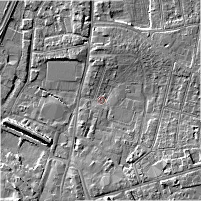 Shaded relief map of the ground around GL13BZ, computed from Environment Agency LiDAR. The ground here sits at about 11 m above sea level and falls 10 m across the surrounding 800 m. Surface water reaching this point runs off ground lying to the south-east, 6.1 m higher.