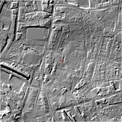 Shaded relief map of the ground around GL13DA, computed from Environment Agency LiDAR. The ground here sits at about 12 m above sea level and falls 10 m across the surrounding 800 m. Surface water reaching this point runs off ground lying to the south-east, 5.9 m higher.