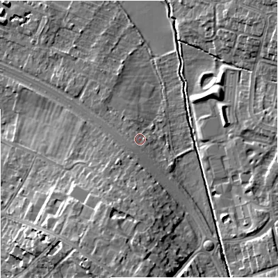 Shaded relief map of the ground around GL13LW, computed from Environment Agency LiDAR. The ground here sits at about 16 m above sea level and falls 13 m across the surrounding 800 m. Surface water reaching this point runs off ground lying to the west-south-west, 1.6 m higher.