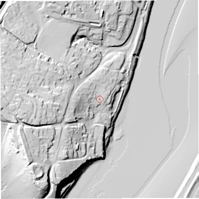 Shaded relief map of the ground around GL141AX, computed from Environment Agency LiDAR. The ground here sits at about 16 m above sea level and falls 42 m across the surrounding 800 m. Surface water reaching this point runs off ground lying to the west-south-west, 24.2 m higher.