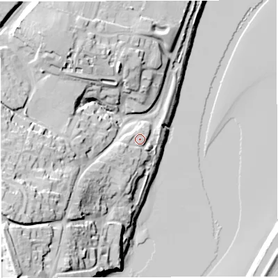 Shaded relief map of the ground around GL141BH, computed from Environment Agency LiDAR. The ground here sits at about 13 m above sea level and falls 42 m across the surrounding 800 m. Surface water reaching this point runs off ground lying to the west-south-west, 6.3 m higher.